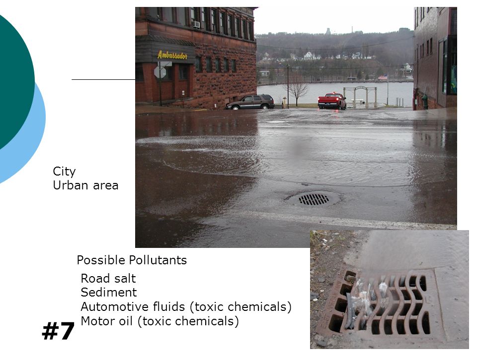 #7 City Urban area Road salt Sediment Automotive fluids (toxic chemicals) Motor oil (toxic chemicals) Possible Pollutants