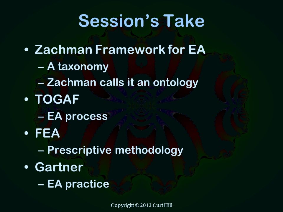 Session’s Take Zachman Framework for EA –A taxonomy –Zachman calls it an ontology TOGAF –EA process FEA –Prescriptive methodology Gartner –EA practice Copyright © 2013 Curt Hill