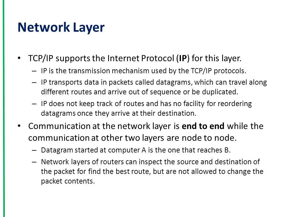 Network Layer TCP/IP supports the Internet Protocol (IP) for this layer.
