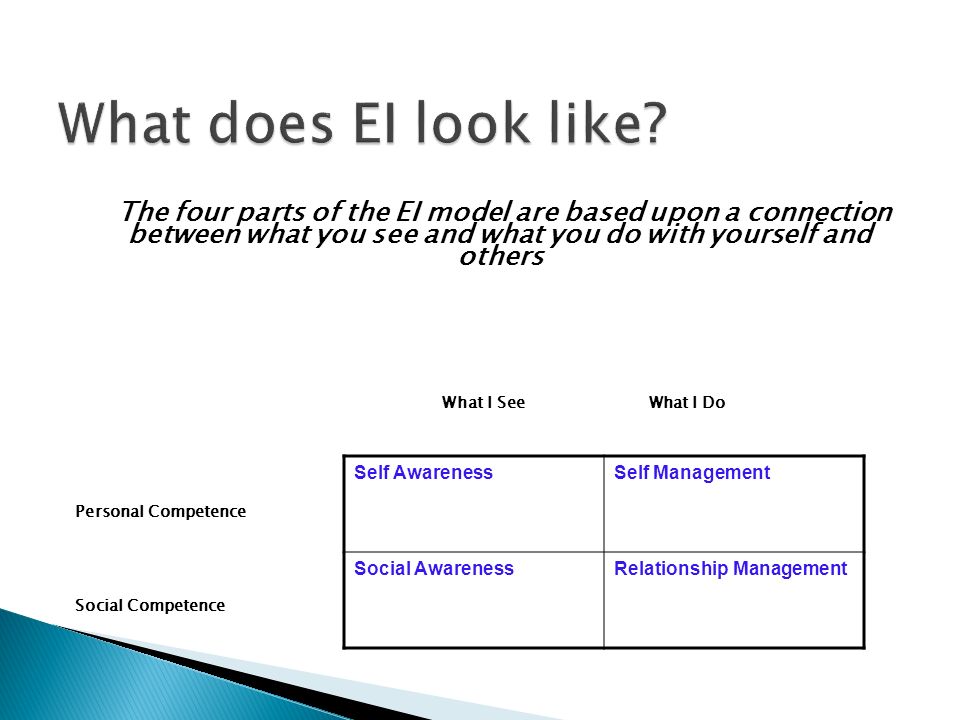 The four parts of the EI model are based upon a connection between what you see and what you do with yourself and others What I See What I Do Personal Competence Social Competence Self AwarenessSelf Management Social AwarenessRelationship Management