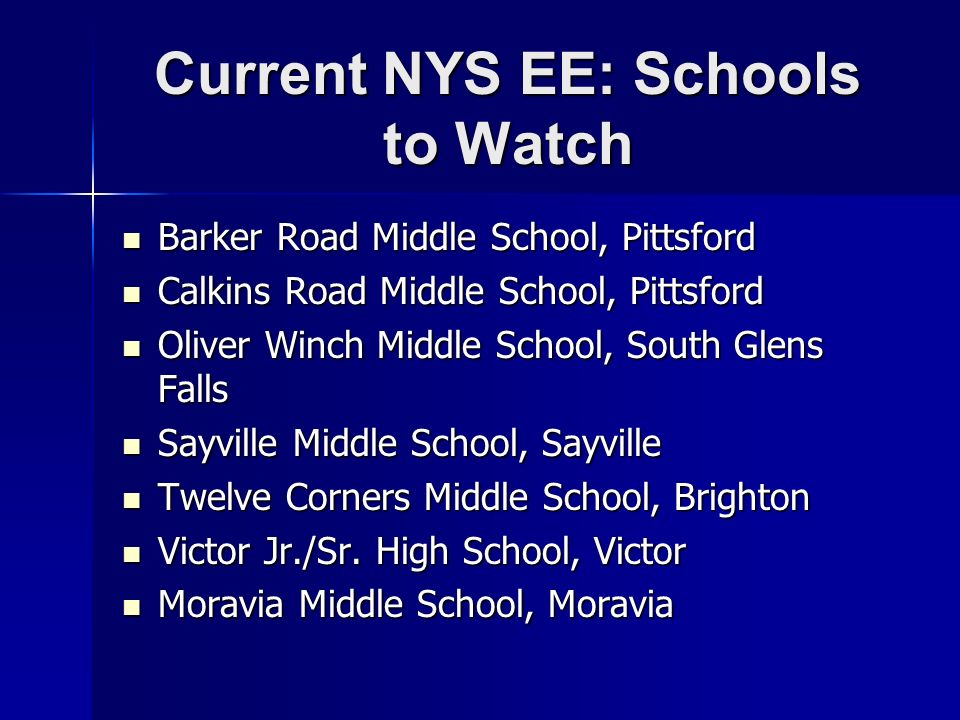 Current NYS EE: Schools to Watch Barker Road Middle School, Pittsford Barker Road Middle School, Pittsford Calkins Road Middle School, Pittsford Calkins Road Middle School, Pittsford Oliver Winch Middle School, South Glens Falls Oliver Winch Middle School, South Glens Falls Sayville Middle School, Sayville Sayville Middle School, Sayville Twelve Corners Middle School, Brighton Twelve Corners Middle School, Brighton Victor Jr./Sr.
