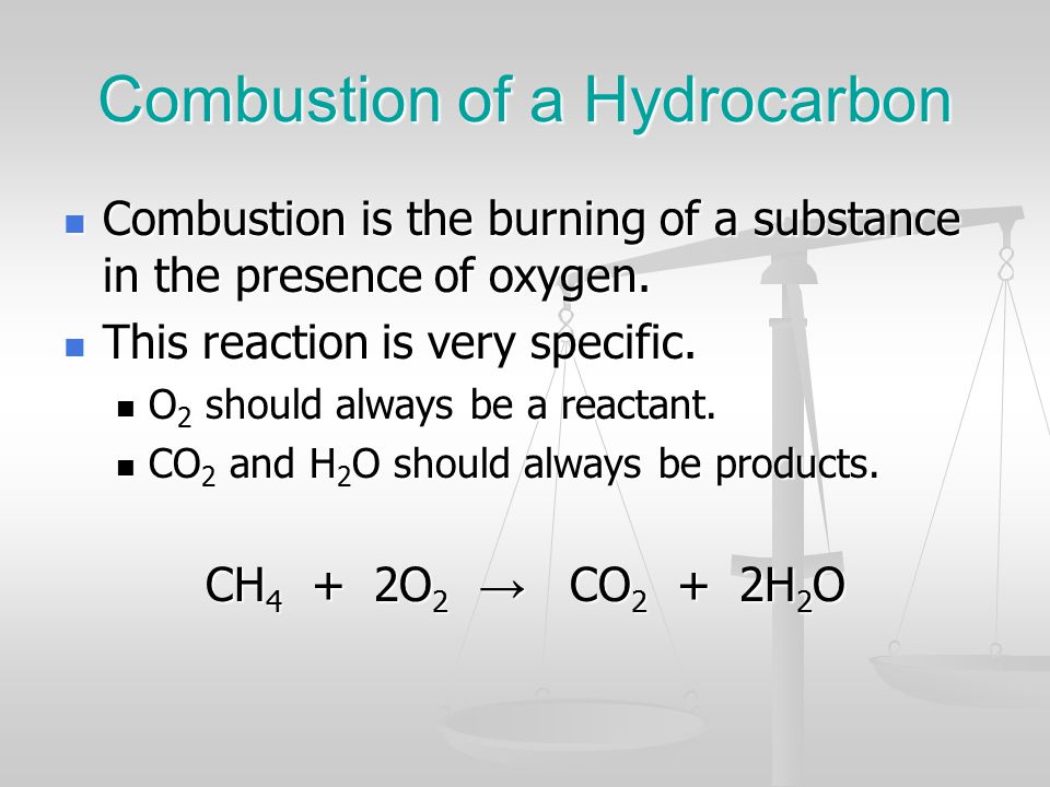 Combustion of a Hydrocarbon Combustion is the burning of a substance in the presence of oxygen.