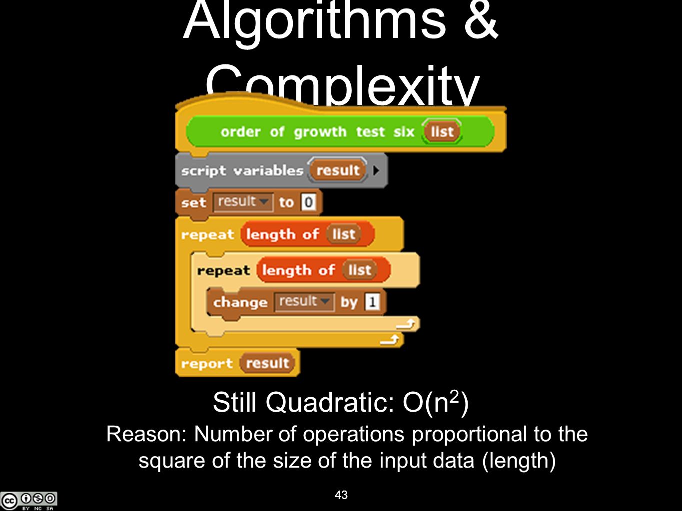 43 Algorithms & Complexity Still Quadratic: O(n 2 ) Reason: Number of operations proportional to the square of the size of the input data (length)