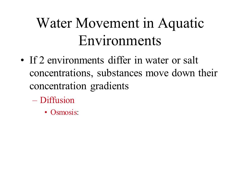 Water Movement in Aquatic Environments If 2 environments differ in water or salt concentrations, substances move down their concentration gradients –Diffusion Osmosis: