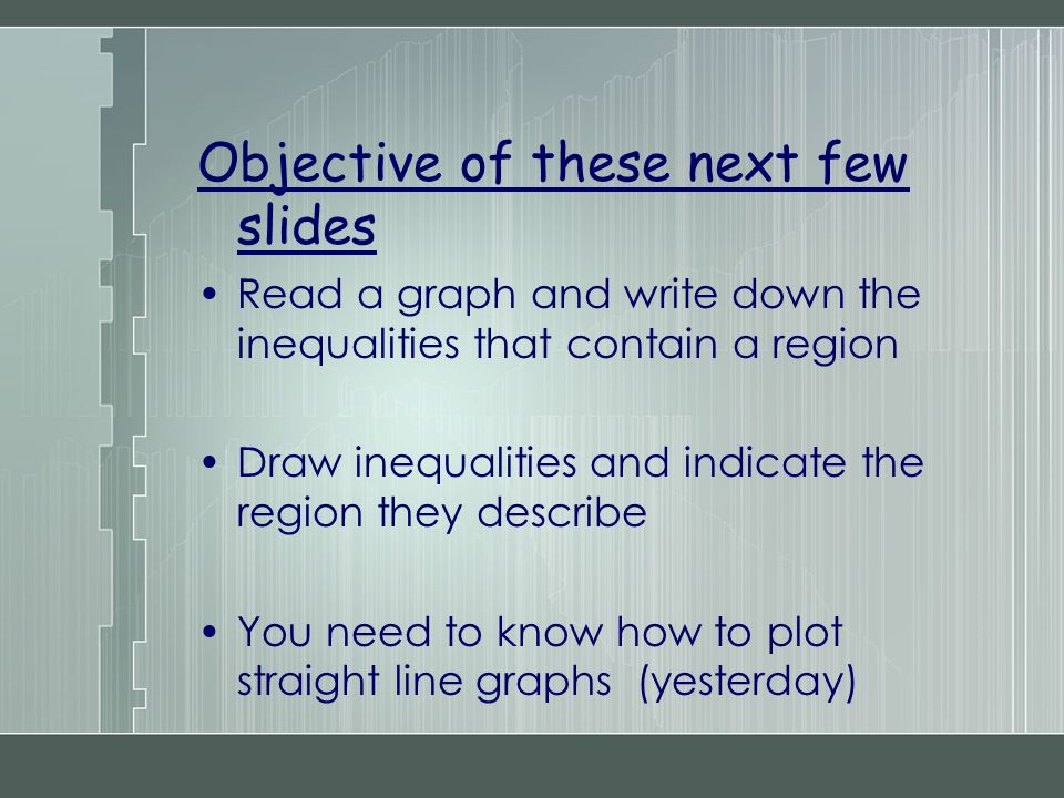 Objective of these next few slides Read a graph and write down the inequalities that contain a region Draw inequalities and indicate the region they describe You need to know how to plot straight line graphs (yesterday)
