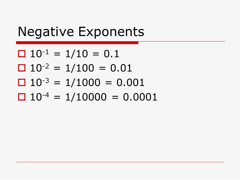 Negative Exponents  = 1/10 = 0.1  = 1/100 = 0.01  = 1/1000 =  = 1/10000 =