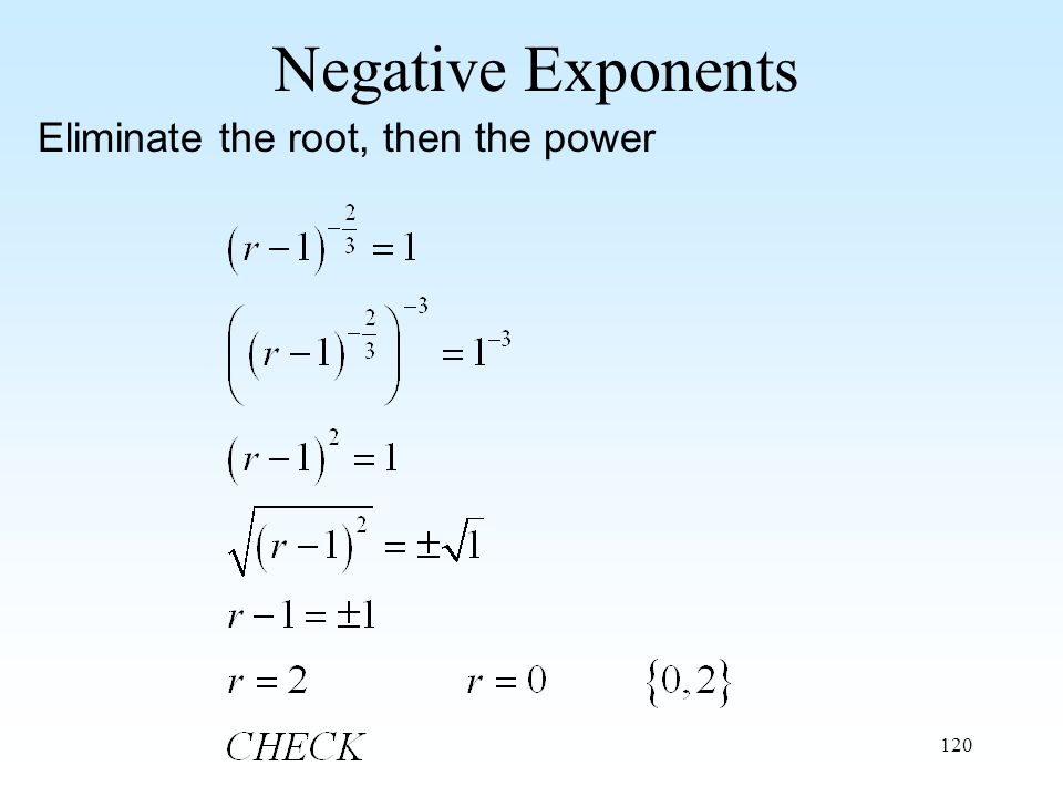 120 Negative Exponents Eliminate the root, then the power