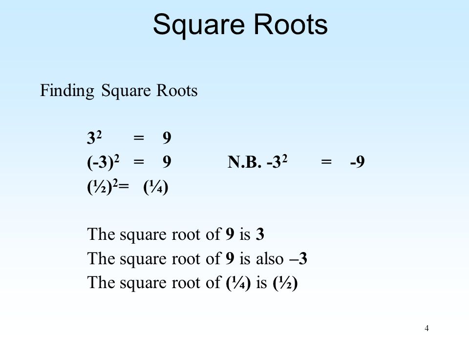 4 Square Roots Finding Square Roots 3 2 = 9 (-3) 2 = 9N.B.