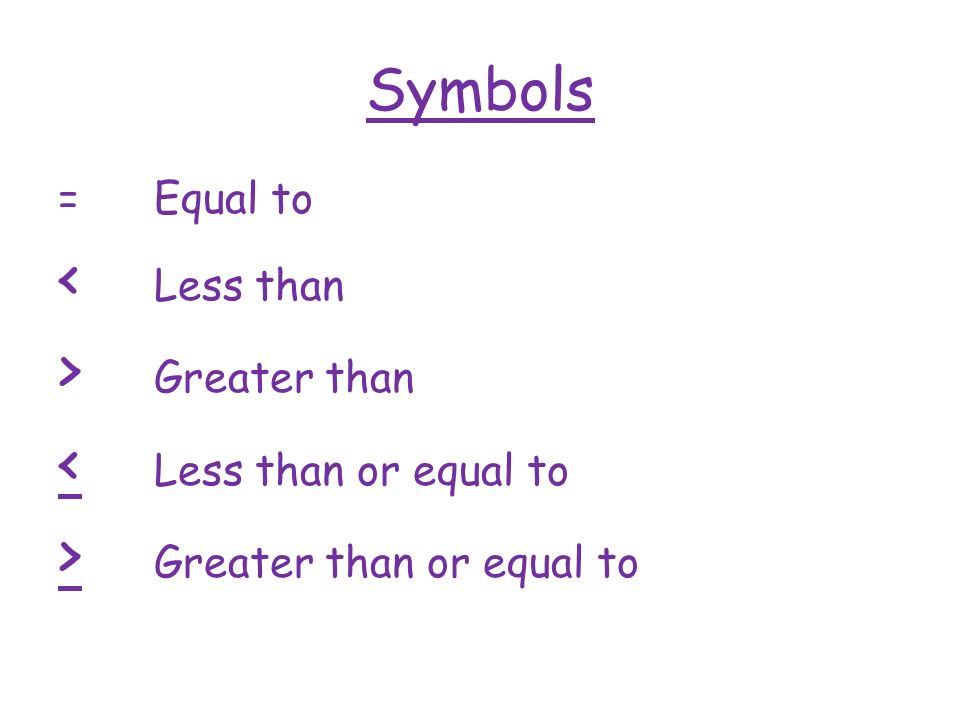 Symbols =Equal to < Less than > Greater than < Less than or equal to > Greater than or equal to