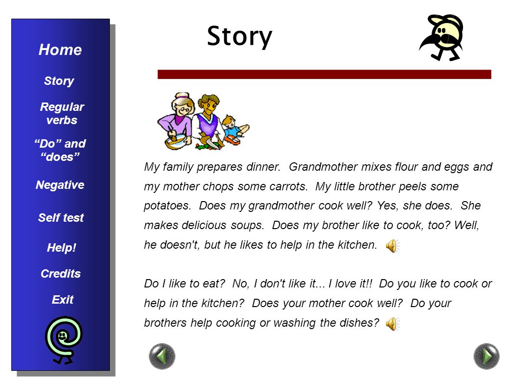 Simple present: Story Home Exit Credits Help. Regular verbs Self test Do and does Negative 1.