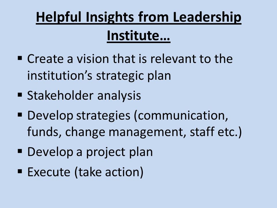 Helpful Insights from Leadership Institute…  Create a vision that is relevant to the institution’s strategic plan  Stakeholder analysis  Develop strategies (communication, funds, change management, staff etc.)  Develop a project plan  Execute (take action)