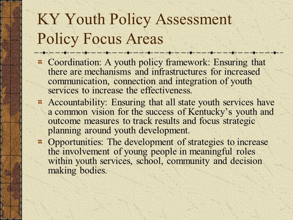 KY Youth Policy Assessment Policy Focus Areas Coordination: A youth policy framework: Ensuring that there are mechanisms and infrastructures for increased communication, connection and integration of youth services to increase the effectiveness.