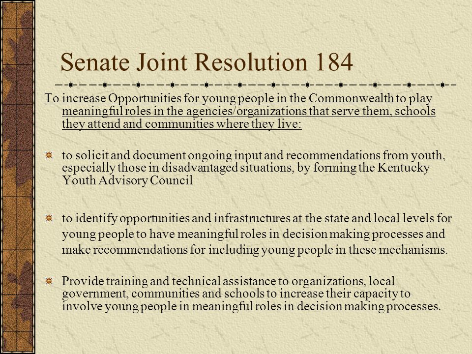Senate Joint Resolution 184 To increase Opportunities for young people in the Commonwealth to play meaningful roles in the agencies/organizations that serve them, schools they attend and communities where they live: to solicit and document ongoing input and recommendations from youth, especially those in disadvantaged situations, by forming the Kentucky Youth Advisory Council to identify opportunities and infrastructures at the state and local levels for young people to have meaningful roles in decision making processes and make recommendations for including young people in these mechanisms.