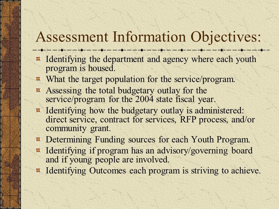 Assessment Information Objectives: Identifying the department and agency where each youth program is housed.