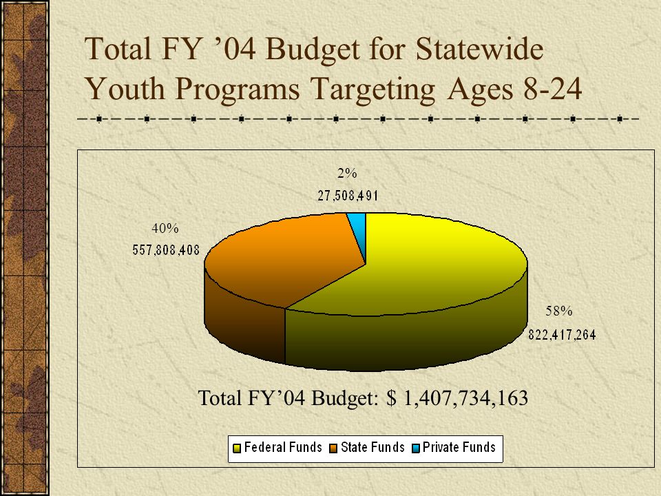 Total FY ’04 Budget for Statewide Youth Programs Targeting Ages % 2% 58% Total FY’04 Budget: $ 1,407,734,163