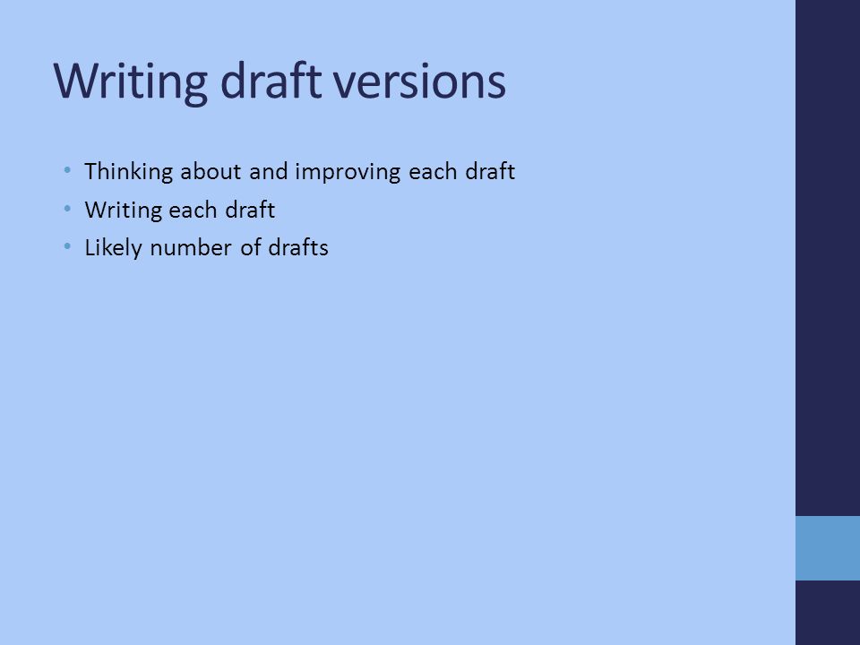 Writing draft versions Thinking about and improving each draft Writing each draft Likely number of drafts