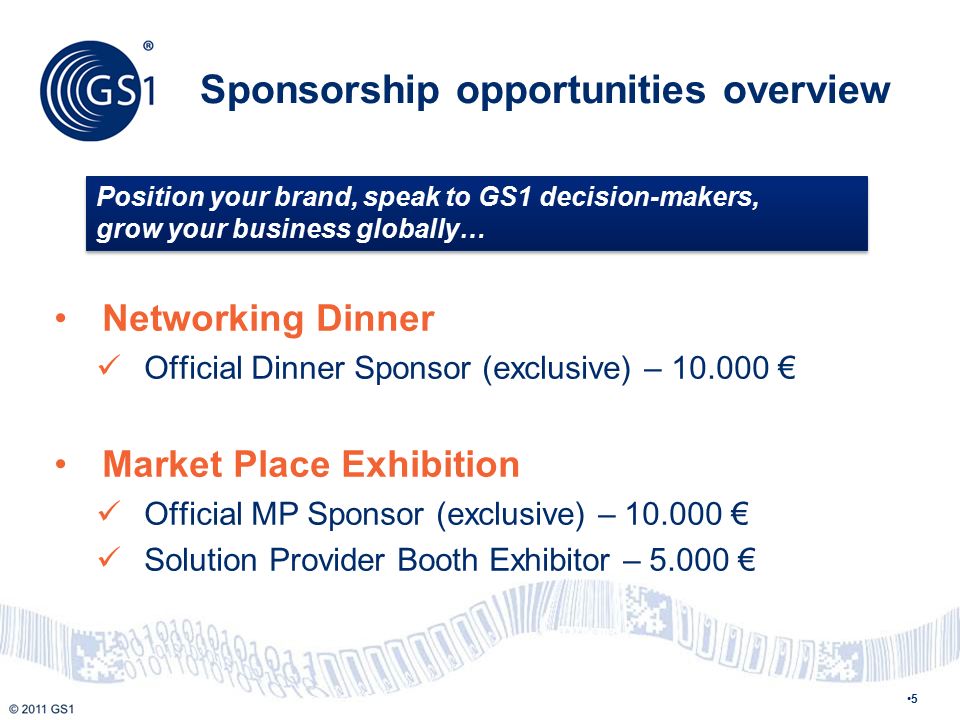 Sponsorship opportunities overview Networking Dinner Official Dinner Sponsor (exclusive) – € Market Place Exhibition Official MP Sponsor (exclusive) – € Solution Provider Booth Exhibitor – € 5 Position your brand, speak to GS1 decision-makers, grow your business globally… Position your brand, speak to GS1 decision-makers, grow your business globally…