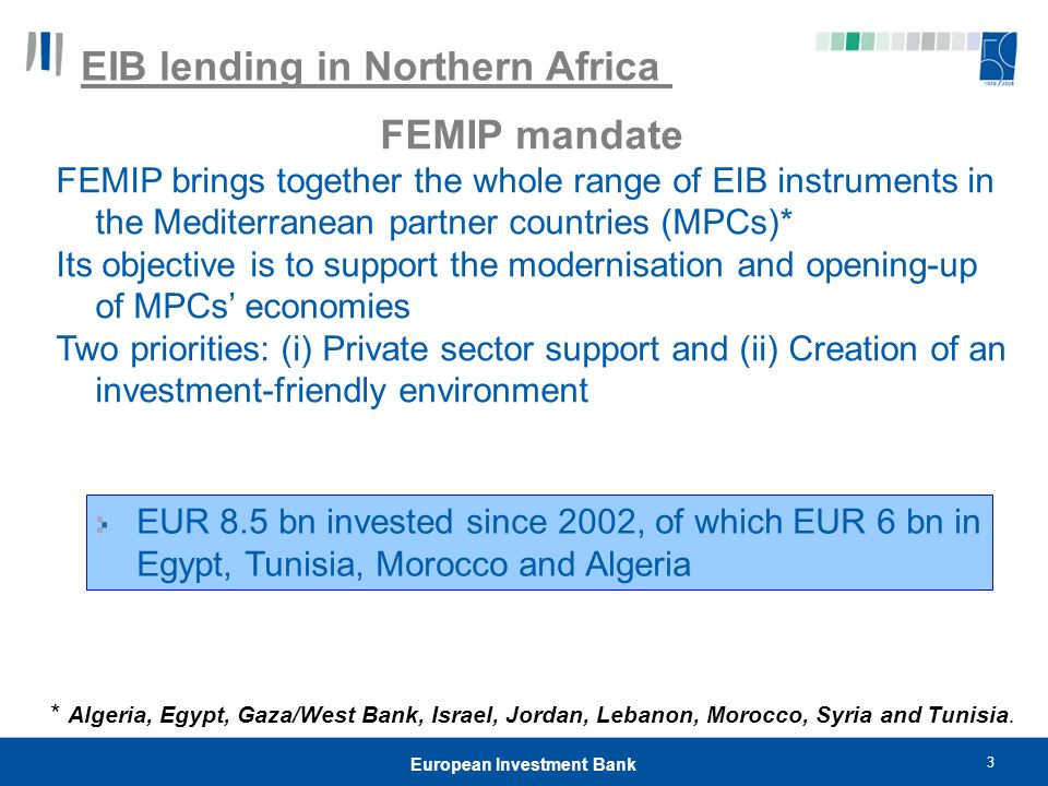 3 European Investment Bank FEMIP mandate FEMIP brings together the whole range of EIB instruments in the Mediterranean partner countries (MPCs)* Its objective is to support the modernisation and opening-up of MPCs’ economies Two priorities: (i) Private sector support and (ii) Creation of an investment-friendly environment * Algeria, Egypt, Gaza/West Bank, Israel, Jordan, Lebanon, Morocco, Syria and Tunisia.