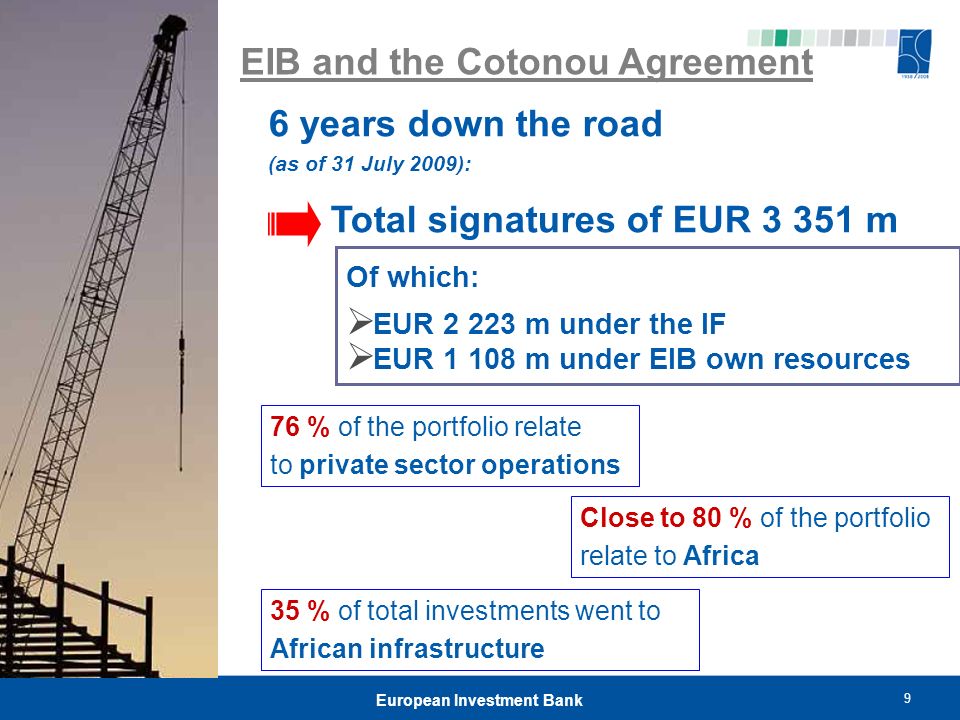 9 European Investment Bank EIB and the Cotonou Agreement 6 years down the road (as of 31 July 2009): Total signatures of EUR m Of which:  EUR m under the IF  EUR m under EIB own resources 76 % of the portfolio relate to private sector operations 35 % of total investments went to African infrastructure Close to 80 % of the portfolio relate to Africa