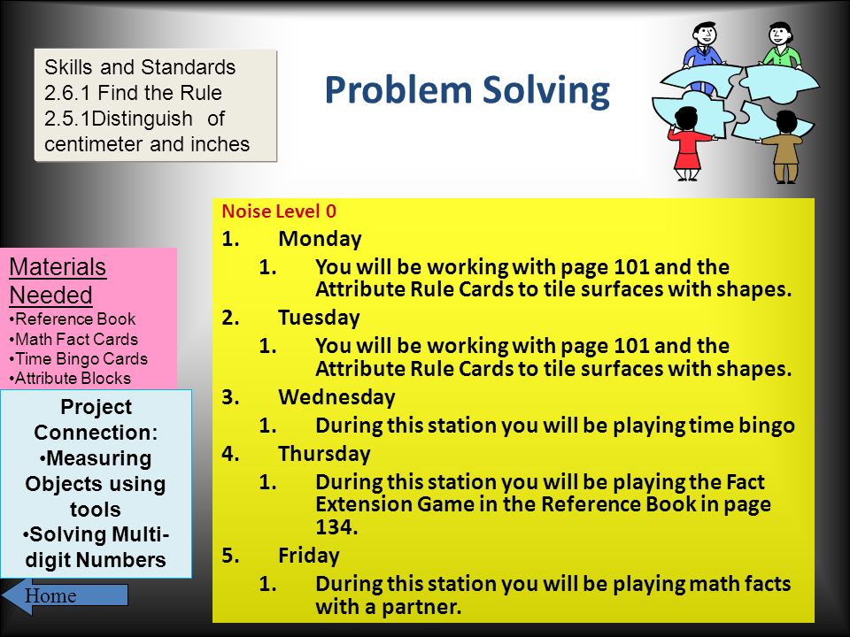 Problem Solving Noise Level 0 1.Monday 1.You will be working with page 101 and the Attribute Rule Cards to tile surfaces with shapes.