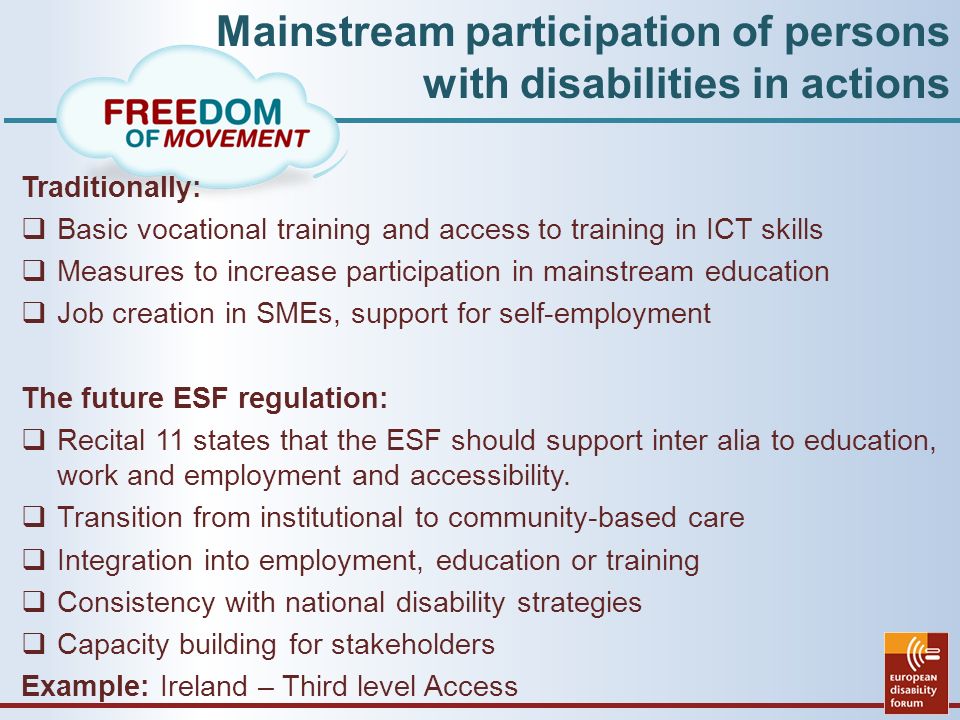 Mainstream participation of persons with disabilities in actions Traditionally:  Basic vocational training and access to training in ICT skills  Measures to increase participation in mainstream education  Job creation in SMEs, support for self-employment The future ESF regulation:  Recital 11 states that the ESF should support inter alia to education, work and employment and accessibility.