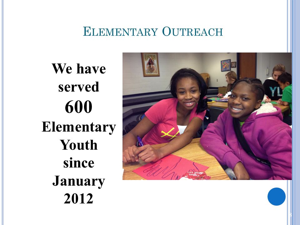We have served 600 Elementary Youth since January 2012 E LEMENTARY O UTREACH 8