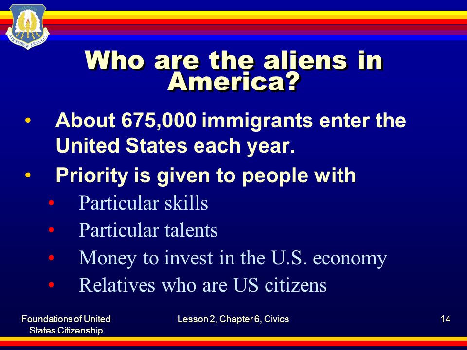 Foundations of United States Citizenship Lesson 2, Chapter 6, Civics14 Who are the aliens in America.