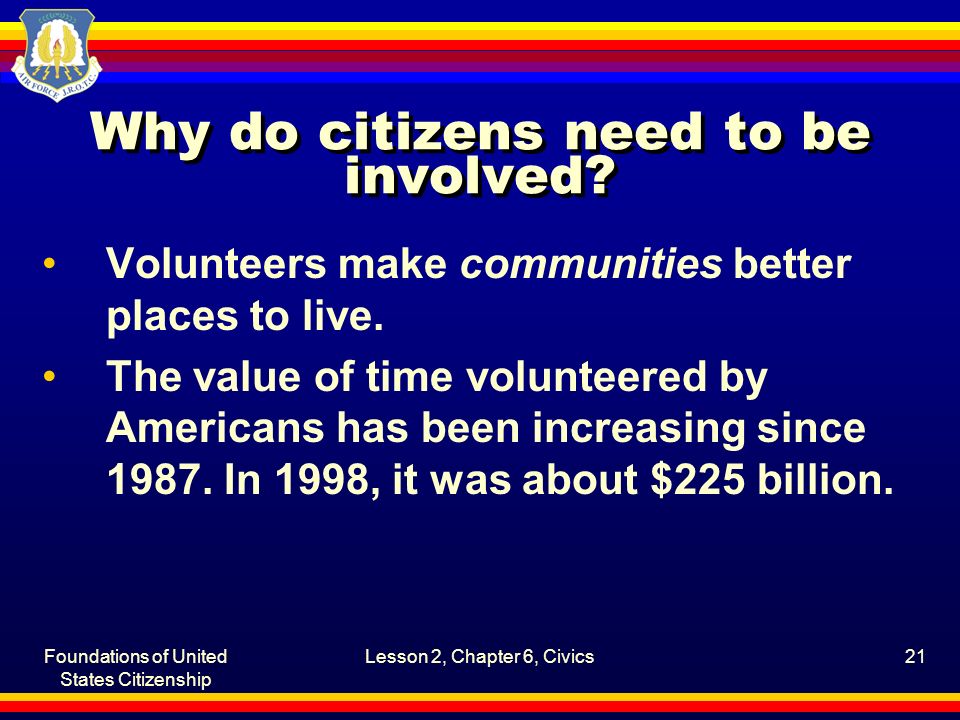 Foundations of United States Citizenship Lesson 2, Chapter 6, Civics21 Why do citizens need to be involved.