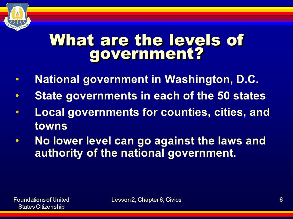 Foundations of United States Citizenship Lesson 2, Chapter 6, Civics6 What are the levels of government.
