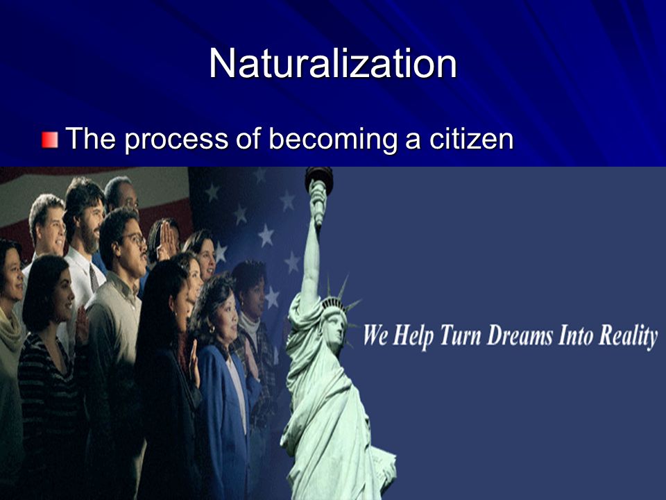 Naturalization The process of becoming a citizen