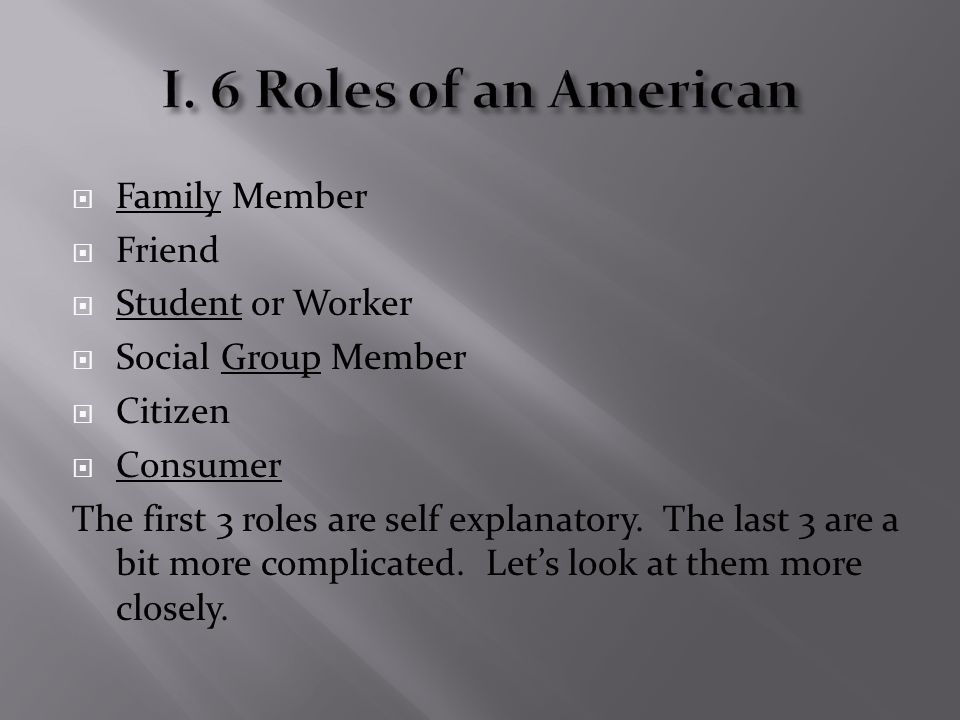  Family Member  Friend  Student or Worker  Social Group Member  Citizen  Consumer The first 3 roles are self explanatory.