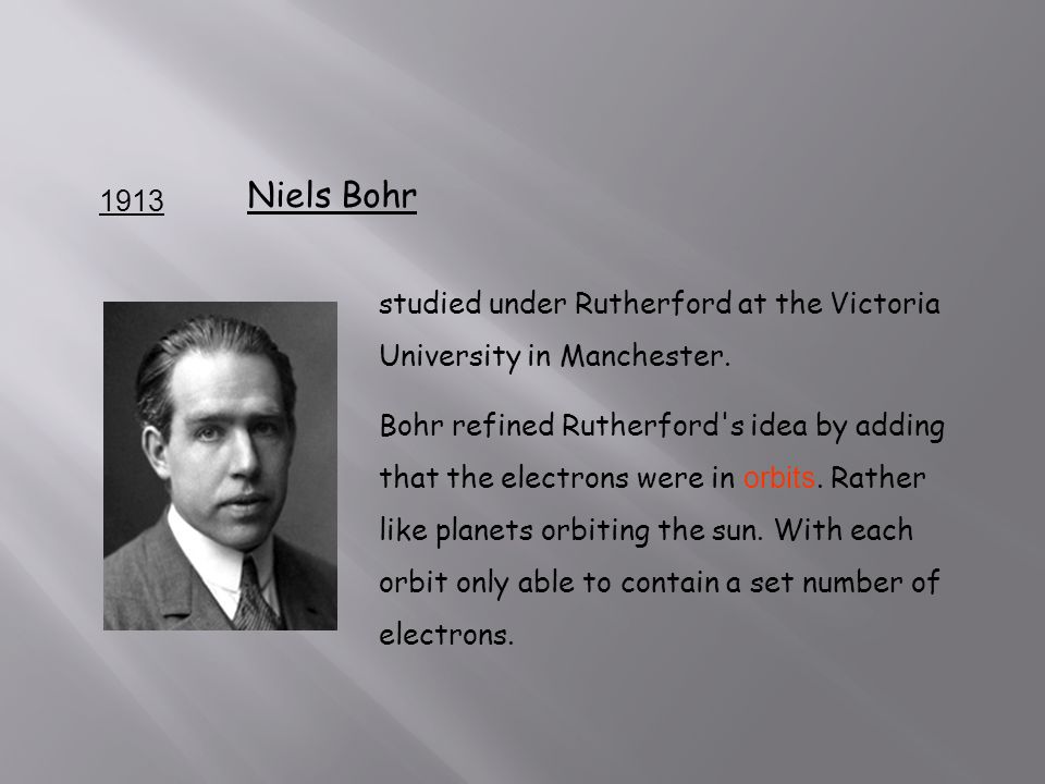 1913 Niels Bohr studied under Rutherford at the Victoria University in Manchester.
