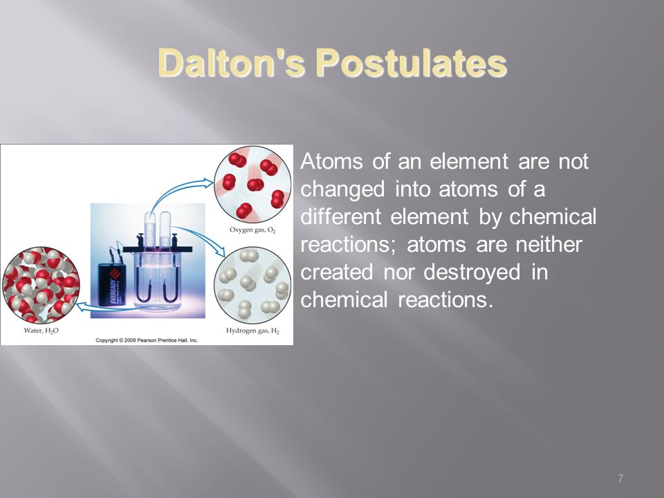 7 Dalton s Postulates Atoms of an element are not changed into atoms of a different element by chemical reactions; atoms are neither created nor destroyed in chemical reactions.
