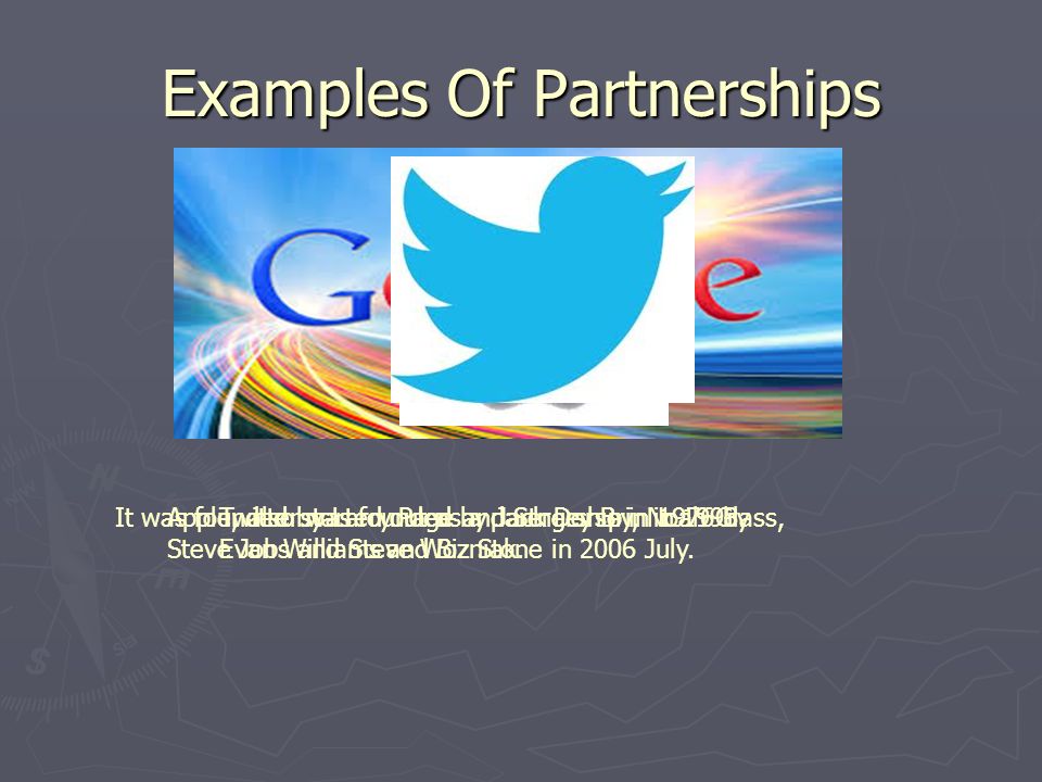 Examples Of Partnerships It was founded by Larry Page and Sergey Brin in 1998.