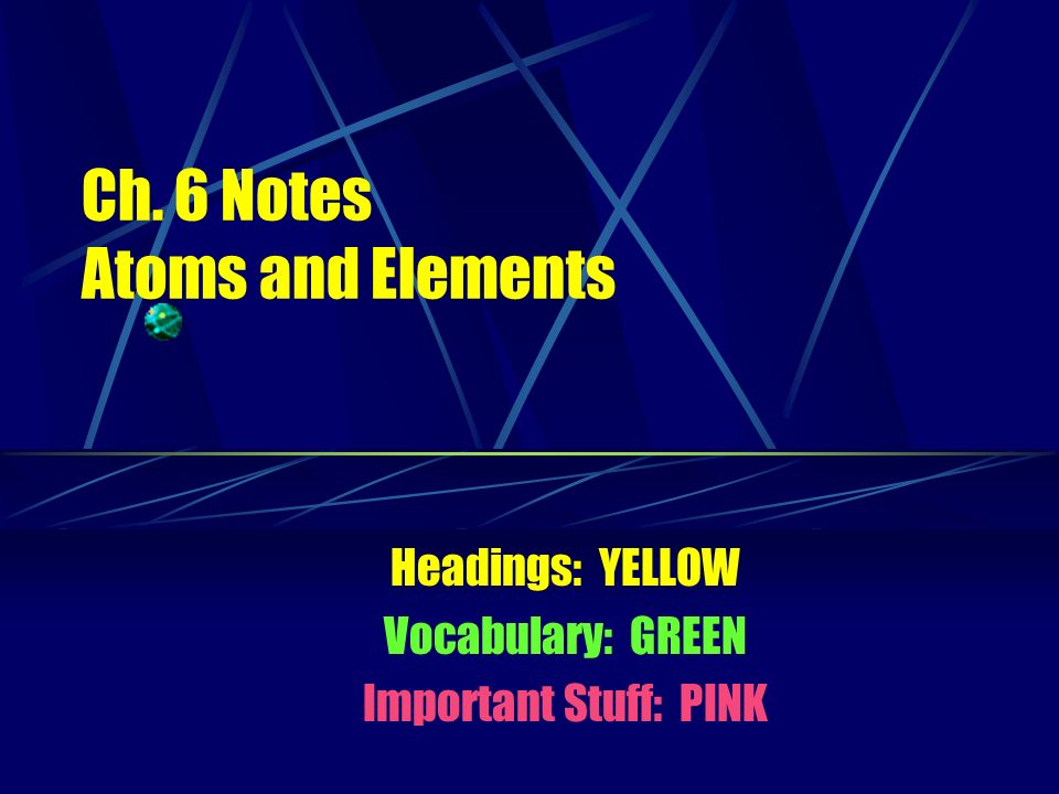 Ch. 6 Notes Atoms and Elements Headings: YELLOW Vocabulary: GREEN Important Stuff: PINK