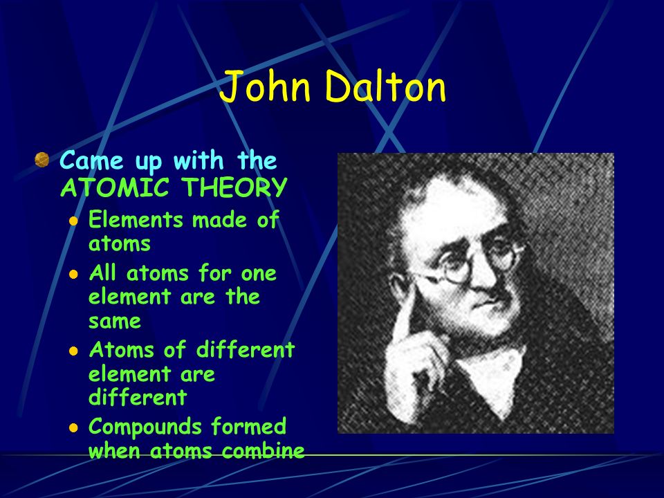 John Dalton Came up with the ATOMIC THEORY Elements made of atoms All atoms for one element are the same Atoms of different element are different Compounds formed when atoms combine