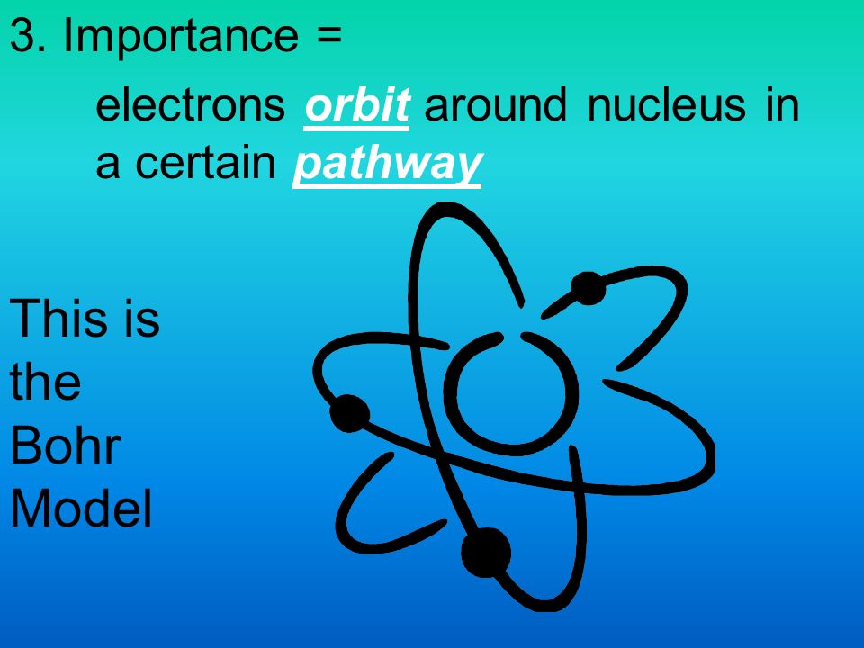 3. Importance = electrons orbit around nucleus in a certain pathway This is the Bohr Model