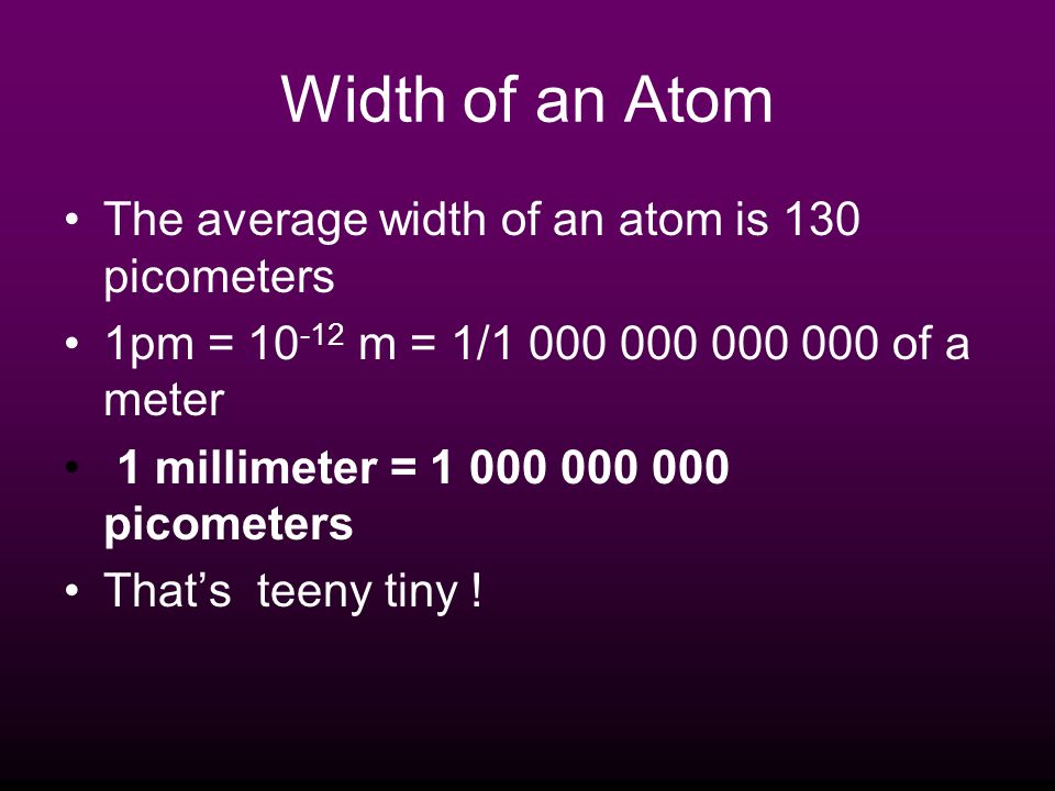 Width of an Atom The average width of an atom is 130 picometers 1pm = m = 1/ of a meter 1 millimeter = picometers That’s teeny tiny !