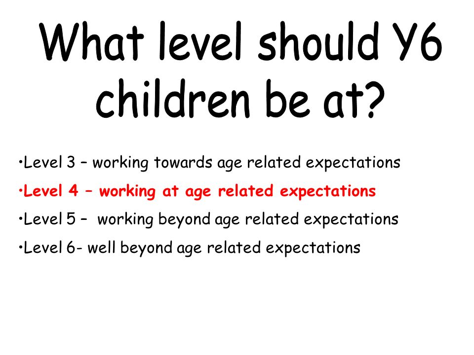 Level 3 – working towards age related expectations Level 4 – working at age related expectations Level 5 – working beyond age related expectations Level 6- well beyond age related expectations