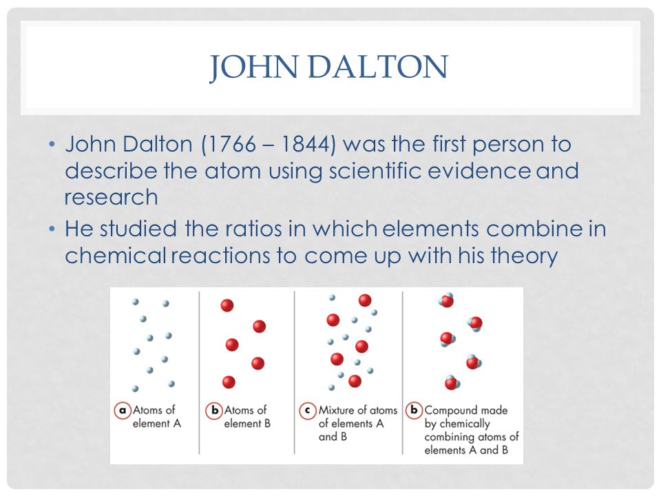 JOHN DALTON John Dalton (1766 – 1844) was the first person to describe the atom using scientific evidence and research He studied the ratios in which elements combine in chemical reactions to come up with his theory