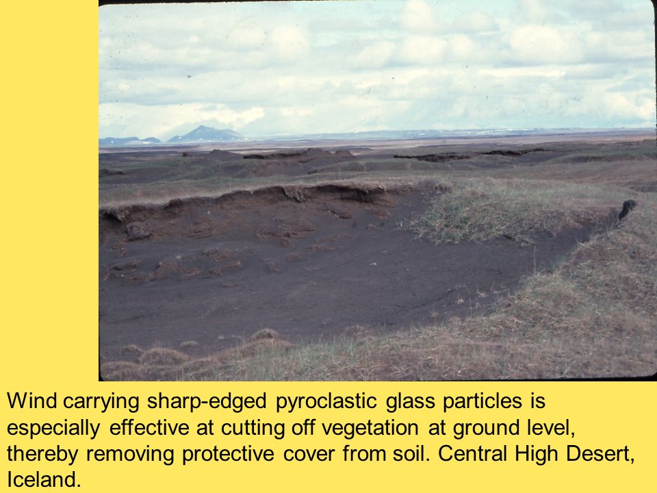 Wind carrying sharp-edged pyroclastic glass particles is especially effective at cutting off vegetation at ground level, thereby removing protective cover from soil.