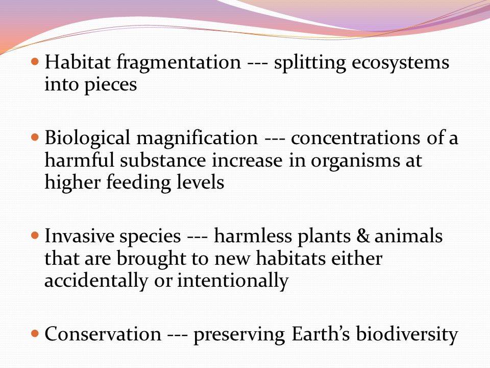 Habitat fragmentation --- splitting ecosystems into pieces Biological magnification --- concentrations of a harmful substance increase in organisms at higher feeding levels Invasive species --- harmless plants & animals that are brought to new habitats either accidentally or intentionally Conservation --- preserving Earth’s biodiversity