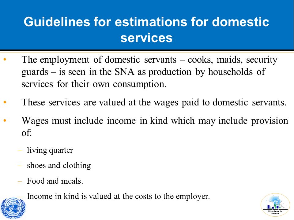 African Centre for Statistics Guidelines for estimations for domestic services The employment of domestic servants – cooks, maids, security guards – is seen in the SNA as production by households of services for their own consumption.
