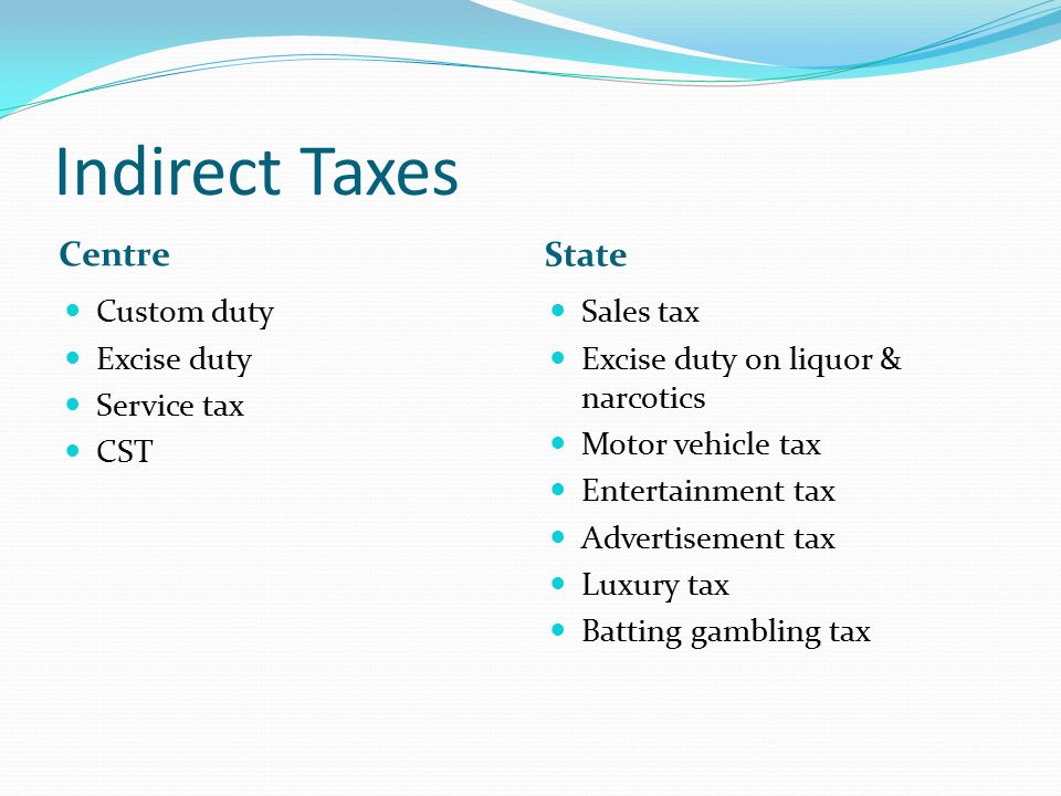 Indirect Taxes Centre State Custom duty Excise duty Service tax CST Sales tax Excise duty on liquor & narcotics Motor vehicle tax Entertainment tax Advertisement tax Luxury tax Batting gambling tax