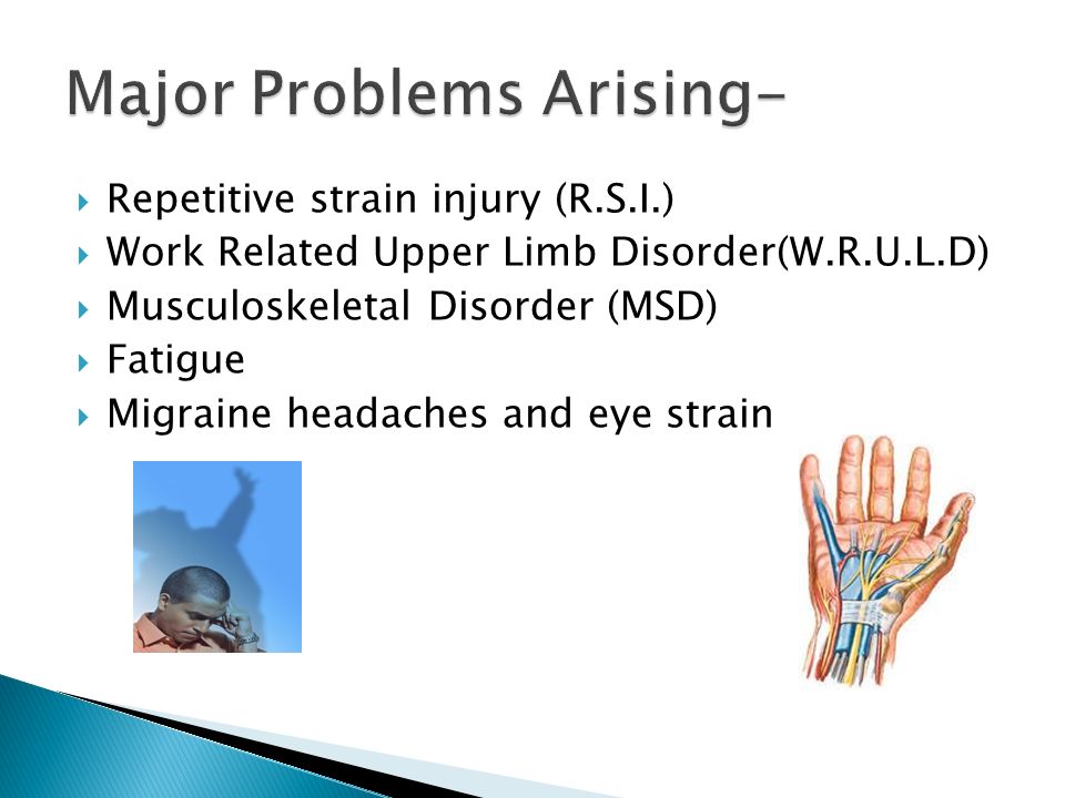  Repetitive strain injury (R.S.I.)  Work Related Upper Limb Disorder(W.R.U.L.D)  Musculoskeletal Disorder (MSD)  Fatigue  Migraine headaches and eye strain