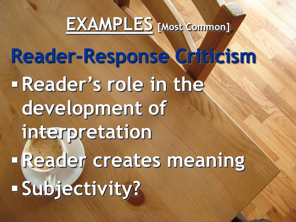 EXAMPLES [Most Common] Reader-Response Criticism  Reader’s role in the development of interpretation  Reader creates meaning  Subjectivity.
