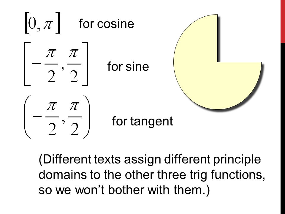for cosine for sine for tangent (Different texts assign different principle domains to the other three trig functions, so we won’t bother with them.)