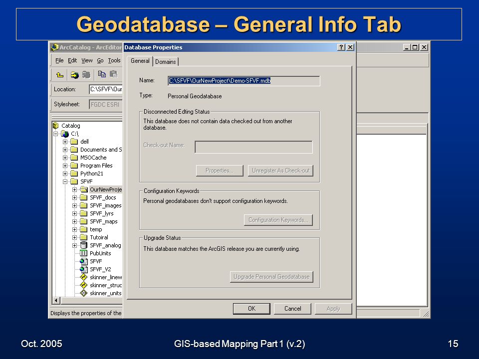 Oct. 2005GIS-based Mapping Part 1 (v.2)15 Geodatabase – General Info Tab