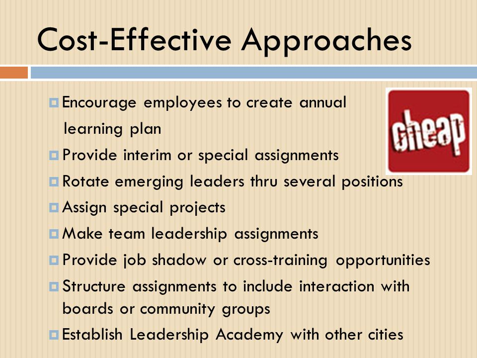 Cost-Effective Approaches  Encourage employees to create annual learning plan  Provide interim or special assignments  Rotate emerging leaders thru several positions  Assign special projects  Make team leadership assignments  Provide job shadow or cross-training opportunities  Structure assignments to include interaction with boards or community groups  Establish Leadership Academy with other cities
