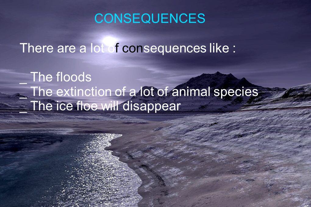 CONSEQUENCES There are a lot of consequences like : _ The floods _ The extinction of a lot of animal species _ The ice floe will disappear